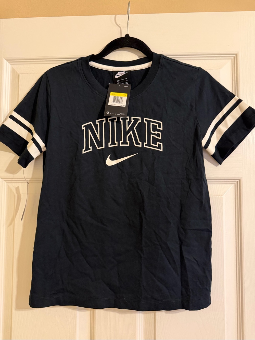 NWT Nike Black and White Sailor Stripe Graphic Logo Tee Shirt